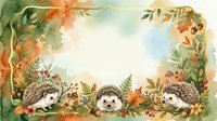 Watercolor illustration of three hedgehogs surrounded by autumn foliage, berries, and falling leaves in warm orange and green tones. Suitable for children's books, greeting cards, and seasonal designs.