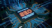 SEO microchip processor with glowing circuit board traces and electronic components for digital marketing technology concepts and web optimization designs.