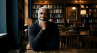 Senior man with gray beard and dark hair, African descent, wearing charcoal cardigan over black shirt, sitting thoughtfully in library with bookshelves and warm lighting, contemplative expression, professional portrait.