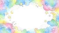 Watercolor rainbow clouds frame with stars and moon on white background. Dreamy pastel border for baby shower, nursery decor and children designs.