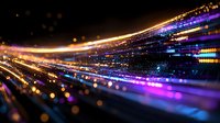 Glowing light trails with vibrant blue and purple streaks create dynamic motion effect against dark background, abstract technology concept for digital transformation.