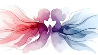 Two silhouettes facing each other with flowing watercolor waves in pink and blue tones creating romantic connection on white background.