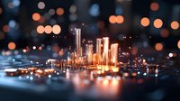 Futuristic golden cityscape with glowing skyscrapers on reflective surface amid blurred bokeh lights creating magical urban nighttime atmosphere.