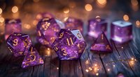 Purple translucent polyhedral dice set with golden numbers on wooden surface against blurred warm bokeh lights creating magical gaming atmosphere.