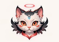 Mystical white cat character with angel halo, black wings, red markings, and glowing orange eyes against light background. Fantasy pet portrait with decorative elements.