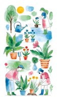 Watercolor gardening elements set with people tending plants, flowers, trees and tools isolated on white background for spring design projects.