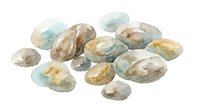 Watercolor painted stones and pebbles in earthy tones and soft blue hues, isolated on white background for design projects, crafts, and decorative applications.