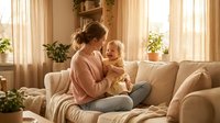 Young Caucasian mother in cozy sweater holding smiling baby on comfortable sofa in bright living room with plants and warm natural lighting for family content.