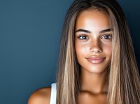 Young mixed race woman with long straight blonde hair and natural makeup smiling confidently against dark blue background, wearing white tank top.