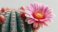 Pink cactus flower blooming on green spiny plant, showing vibrant petals and yellow center against neutral background.