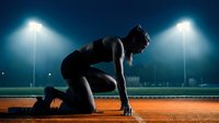 Female athlete in starting position on track at night, stadium lights glowing behind her, powerful silhouette capturing focus and determination.