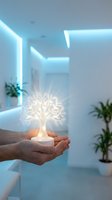 Close-up of hands holding glowing tree-shaped lamp with warm light in modern minimalist interior with neon blue accents and potted plants for innovation and wellness concepts.