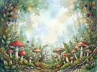 Enchanted forest floor with red and brown mushrooms, lush green foliage, berries, and misty woodland atmosphere. Suitable for fantasy illustrations, children's books, and nature-themed designs.