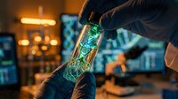 Scientist in black gloves holds a glowing vial with DNA helix in a lab, screens and microscope in background, biotechnology concept.