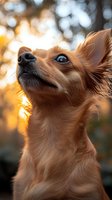 Close-up portrait of long-haired chihuahua dog with golden fur backlit by warm sunset light, looking up with expressive eyes against blurred bokeh background.