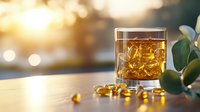 Glass of golden liquid with ice cubes and omega-3 fish oil capsules scattered on wooden surface against blurred warm sunset background with bokeh lights.