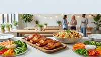 Festive dinner table with roasted chicken, fresh salad and vegetables ready for family gathering in modern dining room with people socializing.
