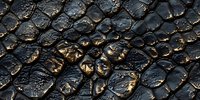 Detailed macro shot of dark reptilian scales with water droplets creating glossy reflections and highlighting natural texture pattern. Dramatic lighting adds depth.