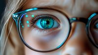 Close up view of bright turquoise eye with eyeglasses, showing detailed iris and reflection. Artistic macro photography with selective focus and soft lighting.