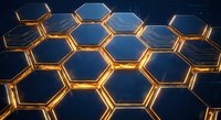 Futuristic hexagonal honeycomb pattern with glowing golden edges on dark blue background for technology and science concepts.