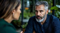 Mature bearded businessman with gray hair in navy sweater listening intently during serious conversation with female colleague at modern office space.