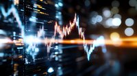 Digital stock market graph with glowing orange and blue lines showing financial data analysis and trading chart on dark background with bokeh effect.