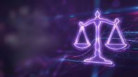 Glowing neon scales of justice symbol in pink and purple light against dark cosmic background for legal services and law firm branding materials.