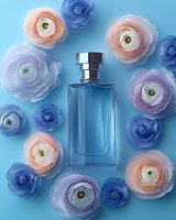 Glass perfume bottle surrounded by delicate pink, blue and lavender ranunculus flowers on pastel blue background, elegant fragrance and beauty composition.