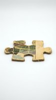Aged golden puzzle piece with weathered texture and vintage patina, featuring nature imagery on surface. Suitable for concepts of problem-solving, solutions, and completion.