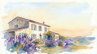 Mediterranean stone farmhouse with lavender fields at sunset, watercolor painting style for home decor and travel artwork.