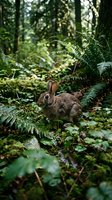 Wild cottontail rabbit sitting among lush green ferns in natural forest habitat. Woodland wildlife scene with soft natural lighting for nature photography.
