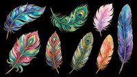 Colorful feather collection isolated on transparent background, ready for t-shirt design, clipart, stickers, sublimation, print-on-demand products and digital crafts.