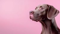 Adorable chocolate brown dog portrait on pink background with copy space for pet care advertising and veterinary marketing campaigns.