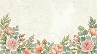 Vintage floral border with pink roses and peach flowers on ornate cream damask background, seamless pattern tiles for wallpaper, invitations, and decorative design projects.