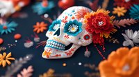 Decorative sugar skull adorned with bright orange and red flowers, traditional Mexican folk art style on dark background with floral arrangements and ornate details.