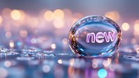 Glowing neon word new reflected in water drop with bokeh lights background creating magical macro photography effect for advertising and promotion.