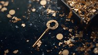 Vintage golden key lying on dark background with scattered metallic confetti and glitter pieces creating magical atmosphere. Suitable for fantasy designs.