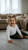 Happy toddler girl with curly hair in white shirt and green plaid pants sitting on living room carpet smiling at camera in cozy home interior.