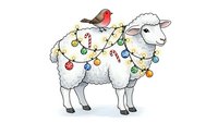 Cute white sheep decorated with colorful Christmas lights and red robin bird on isolated background for holiday greeting cards and festive designs.