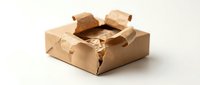 Torn kraft paper box with open flaps on white background, representing damaged shipping, waste, recycling, and packaging failure for logistics and delivery concepts.