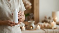 Pregnant woman in light linen shirt holding white candle with blurred festive candles and natural decor in background for maternity and wellness concepts.