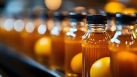 Rows of fresh orange juice bottles on store shelf with warm bokeh lighting effect, selective focus on foreground bottle showing natural beverage packaging.