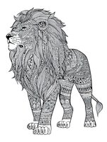 Ornate lion illustration with intricate patterns and detailed line work, suitable for adult coloring books, tattoo designs, and decorative art projects.