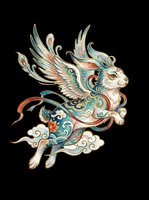 Winged rabbit with ornate Asian-style patterns, gold details, and flowing ribbons, isolated on transparent background. Great for t-shirts, stickers, and print on demand.
