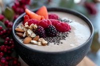 Healthy smoothie bowl topped with fresh berries, almonds, chia seeds and cinnamon sticks in black ceramic bowl, selective focus on nutritious breakfast.