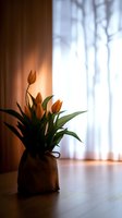 Orange tulips in burlap wrapped vase on wooden floor near window with soft morning light and tree shadows creating moody atmospheric interior scene.