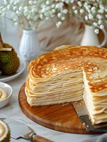 Stack of thin delicate crepes layered with cream filling on wooden board, slice cut to show multiple layers. Fresh flowers and durian fruit in background.