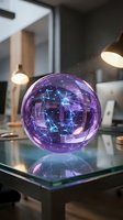 Futuristic holographic sphere with glowing network connections floating above glass table in modern office environment for technology presentations.