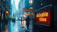 Illuminated clickable titles sign on rainy city street with blurred urban background, moody evening atmosphere, glowing lights and reflections on wet pavement.