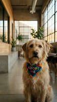 Adorable mixed breed dog wearing colorful adopt me bandana sitting in modern loft space with large windows and plants for pet adoption campaign.